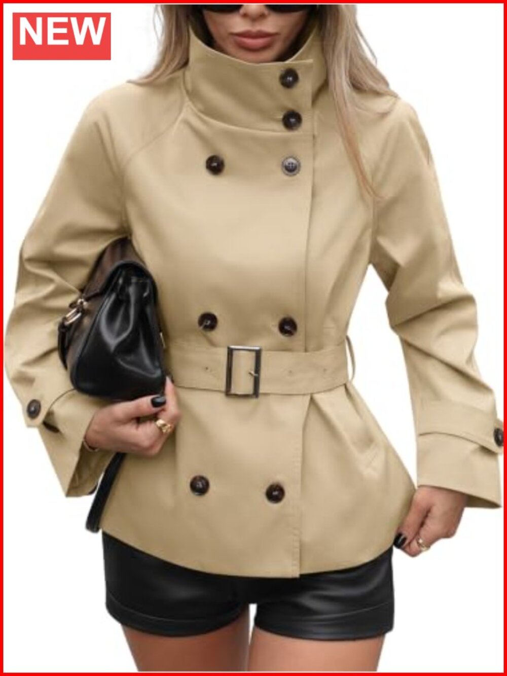 Women's Cropped Trench Coat Funnel Neck Fall Trendy Jacket with Belt
